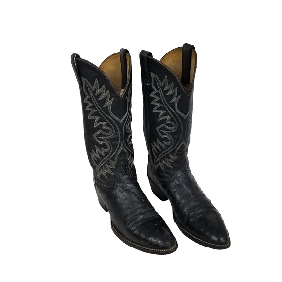 Nocona Boots Cowboy Western Mens 9 Black Ostrich Leather Pointed Toe - Picture 1 of 16